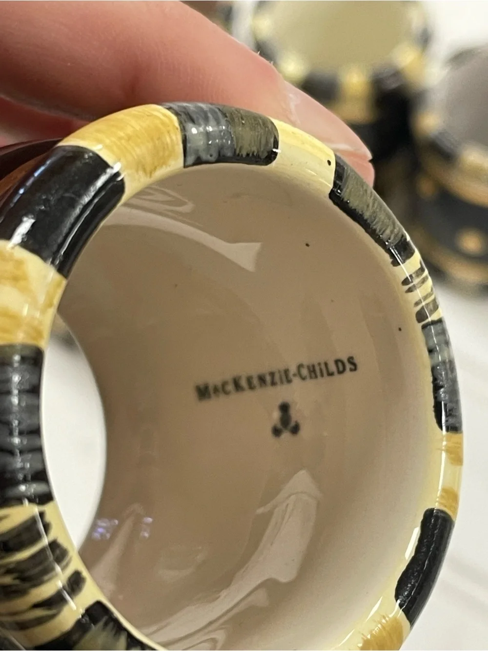 Set of 6 MacKenzie-Childs Courtly Stripe Ceramic Napkin Rings Gold Dot